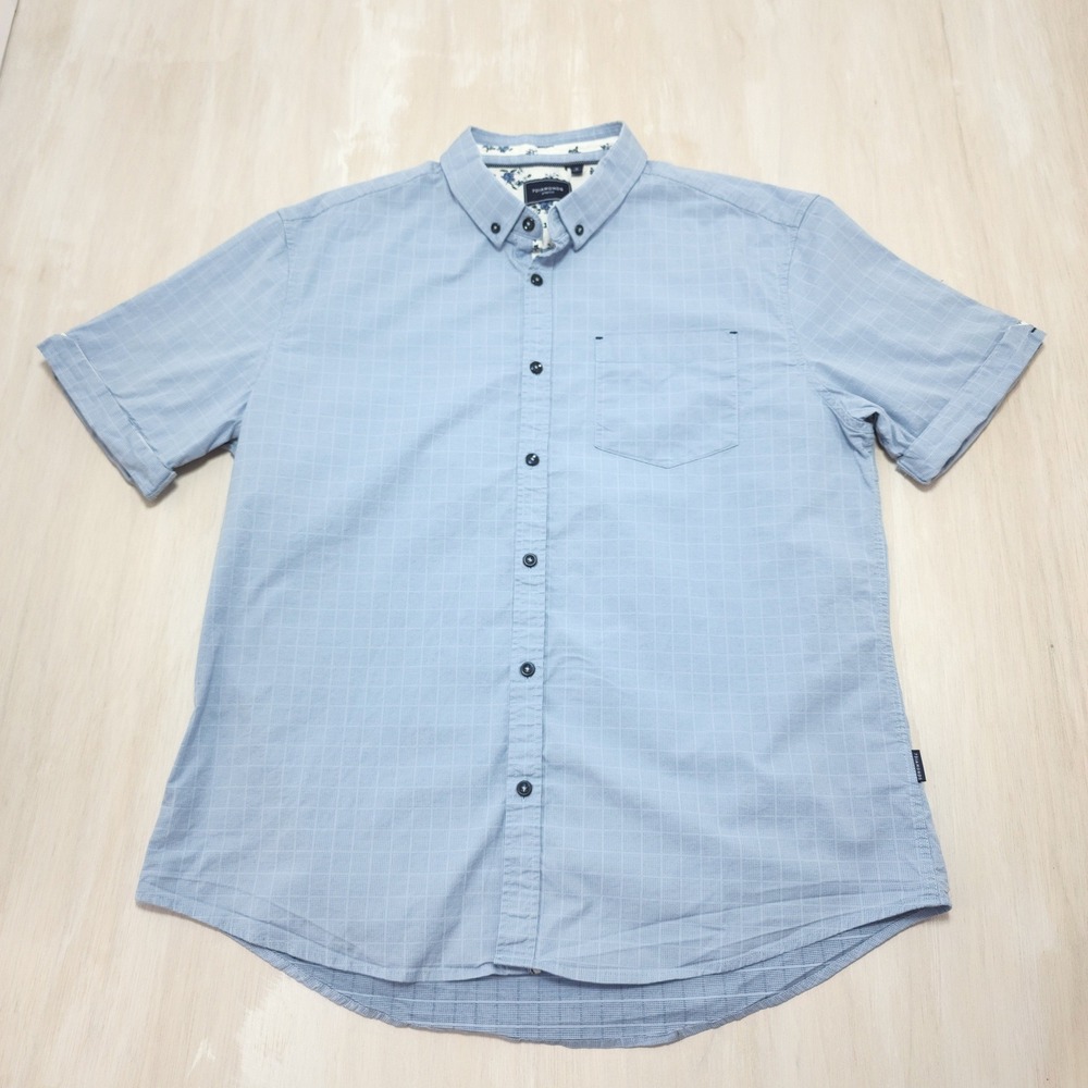 7Diamonds Mens XL Blue Stretch Short Sleeve Button Down Shirt Floral Trim Grid